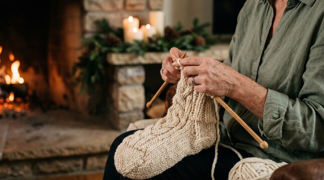 Person knitting a white wool stocking by a fireplace