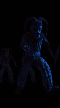 Creepy seamless vertical video of horror clowns running. Halloween background of a terror character isolated with copy space
