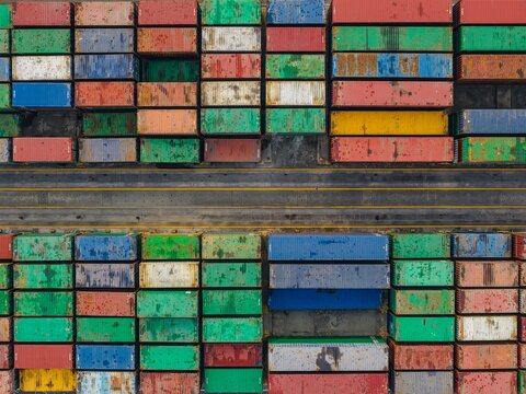 Aerial view of colorful shipping containers stacked at PT Pelabuhan Samudera Palaran in Samarinda, East Kalimantan, Indonesia.