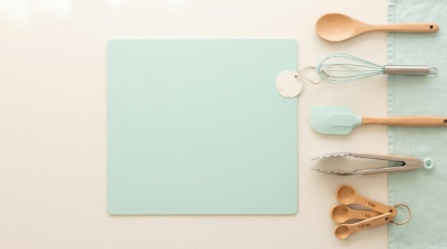 Mint green cutting board with neatly arranged kitchen utensils on a bright countertop