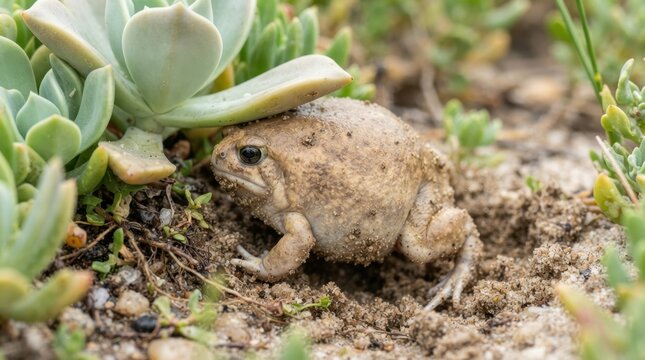 Desert rain frog burrowing into sandy soil beneath succulent plants in its habitat