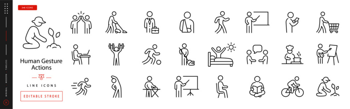 Human Gesture Actions. Line icon set of People Activity: high five, vacuum cleaning, businessperson, arm sling, walking figure, teacher, office worker, exercise person, sport player, cleaning person e