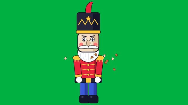 Cartoon nutcracker soldier cracking walnut on green screen