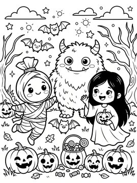Coloring page for kids, halloween theme, asian ghost series, pocong, kunti, ready to print.
