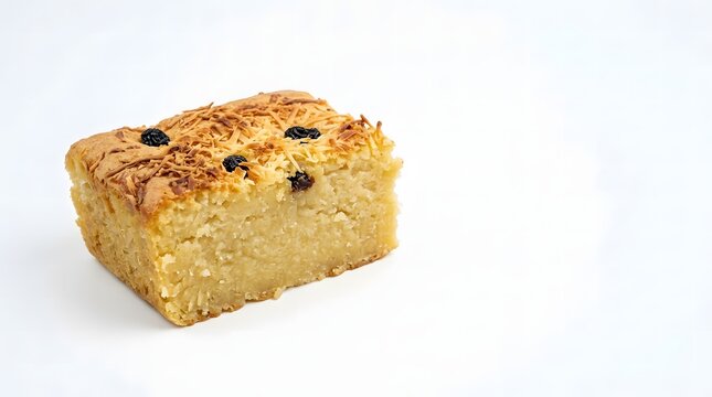 Slice of baked Indonesian kue tape fermented cassava cake topped with grated cheese and raisins.