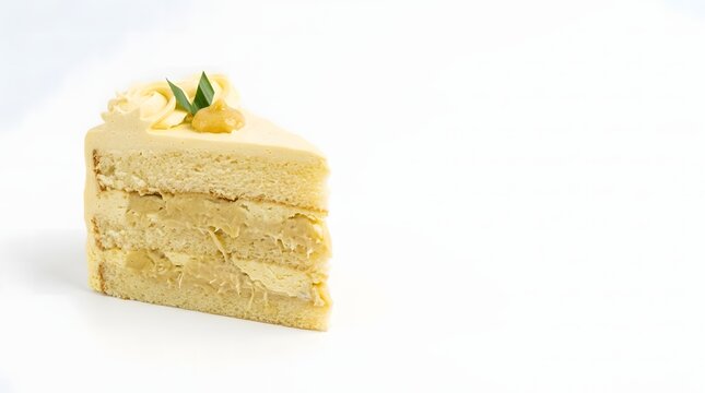 Slice of layered durian cake with soft sponge, durian filling, and cream frosting topped with a pandan leaf.