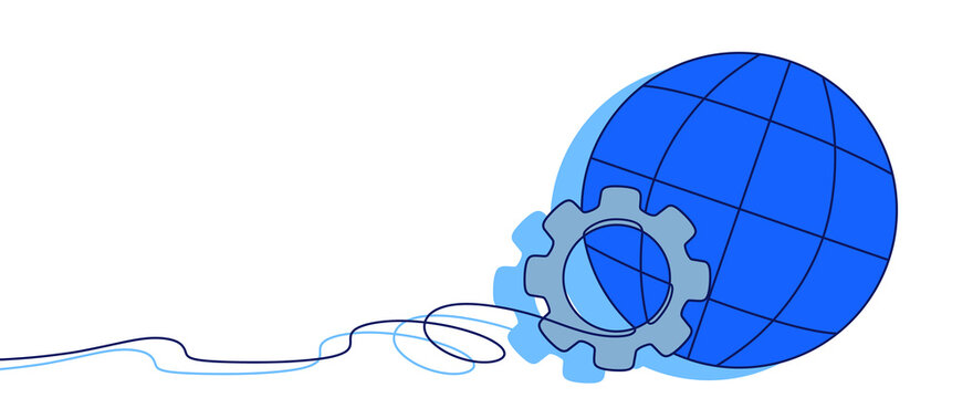 A cartoon illustration of a globe with gears, symbolizing global technology, industry, and interconnected systems, with space for descriptive text