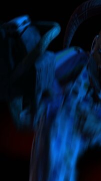 Creepy seamless vertical video of an horror clown with a chainsaw and color strobe lights. Halloween background of a terror character with blood splashes.