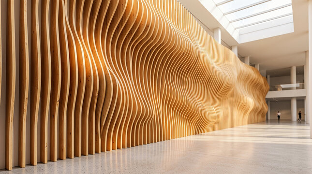 Parametric wooden slats wall installation creating fluid wavy texture beside polished concrete floor in bright modern architectural museum hallway interior