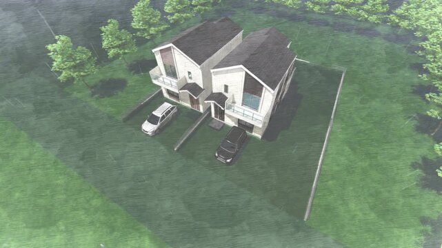 津波や洪水で浸水した住宅と周辺の風景｜水害を表現した3DCGアニメーション