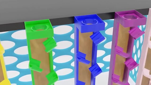 3D colorful wooden chutes with ramps in rainbow colors, camera pan