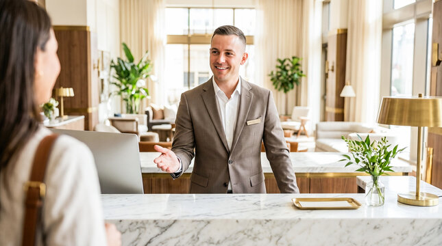 Handsome smiling male receptionist in suit standing behind luxury hotel marble front desk welcoming guest inside bright modern lobby interior