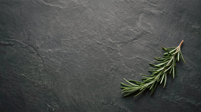 Fresh organic green rosemary branch lying on dark black textured slate stone background with copy space culinary herb ingredient cooking