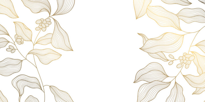 Vector coffee with beans pattern, gold lines on white background. Organic drink illustration, leaves, seed texture