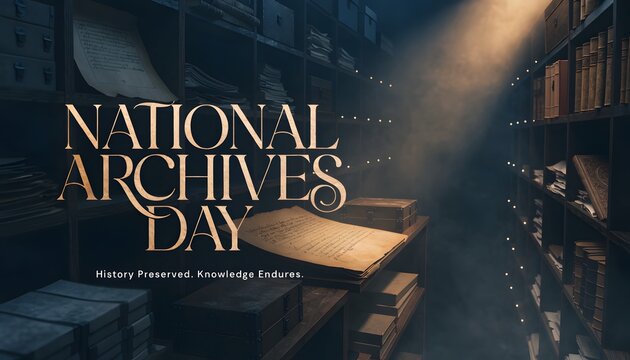 National archives day text overlay on an old library archive room