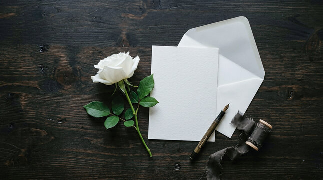Blank white paper card mockup open envelope fresh cream rose flower vintage dip fountain pen ribbon dark rustic wood table