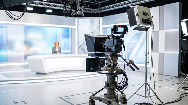 Professional television camera on pedestal stand in foreground with female news presenter sitting at curved desk inside broadcast studio room