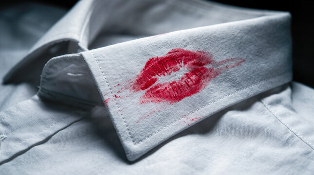 bright red lipstick kiss mark stain on collar of crisp white business dress shirt representing infidelity betrayal and secret romantic affair
