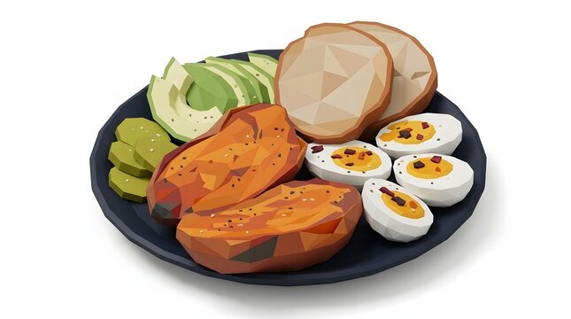 Low poly 3D illustration of a healthy plate with sweet potato, avocado, boiled eggs, bread and pickles.