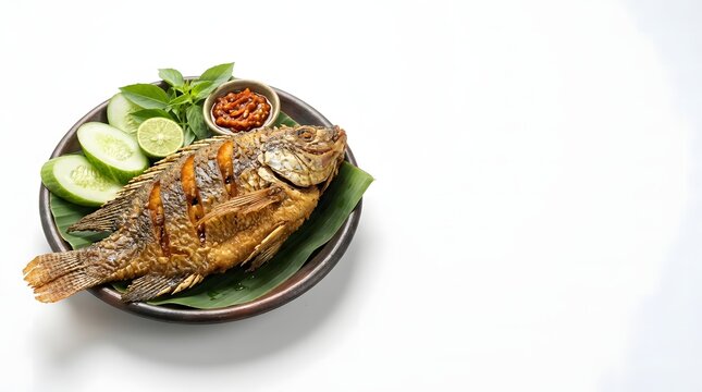 Crispy fried fish served on a banana leaf with sambal, cucumber slices, lime and fresh basil.