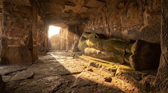 Colossal ancient reclining stone Buddha statue in rock cave temple with sunbeams and wall frescoes