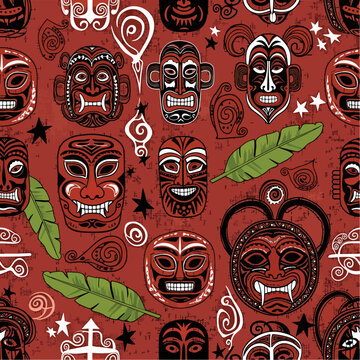 Colorful Tiki mask pattern illustration with leaves and stars on a vibrant red background