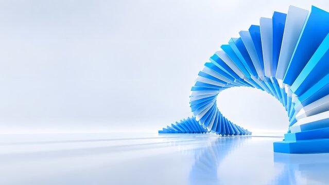 An abstract architectural design featuring a spiral staircase bathed in cool blue illumination against a bright white backdrop and gleaming reflective flooring