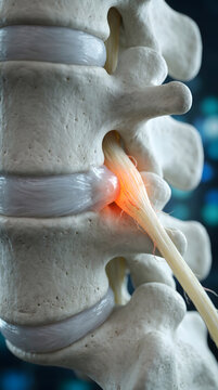 Detailed 3D medical illustration of a herniated disc in the lumbar spine. The damaged disc is impinging on a spinal nerve root, causing inflammation and pain, visually depicted with a bright orange...