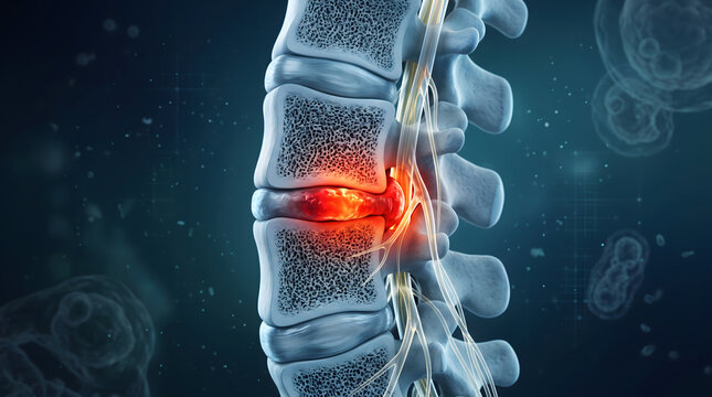 A detailed 3D illustration showcasing a herniated disc in the human spine. The inflamed disc is pressing on a nerve, illustrating the cause of back pain and discomfort. Medical concept.