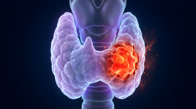 Detailed 3D rendering showcasing an inflamed or cancerous human thyroid gland with a prominent glowing red tumor. This medical illustration visualizes various thyroid conditions such as cancer, hyp...