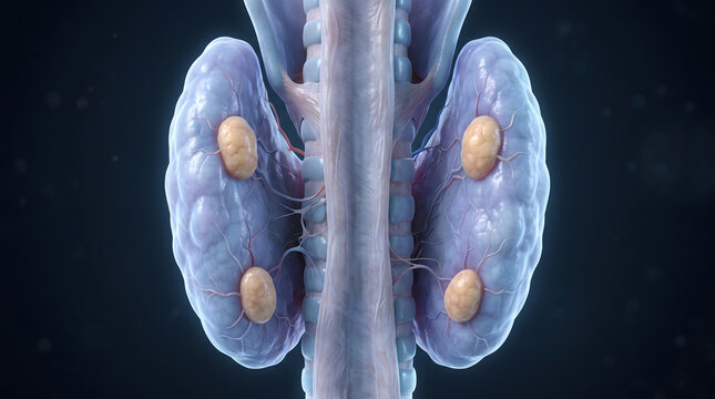 A detailed 3D medical illustration of the human thyroid gland and parathyroid glands, highlighting their intricate anatomical structure and placement within the neck. This visual represents a key c...