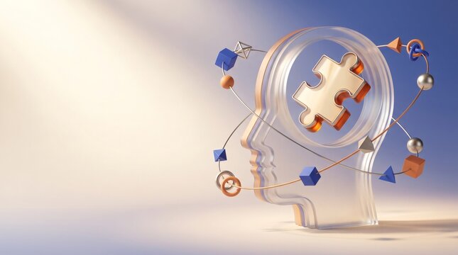 Glass Human Head Profile with Golden Puzzle Piece Symbolizing Problem Solving Mindset