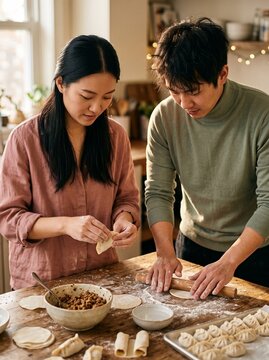 Couple making homemade dumplings in a kitchen