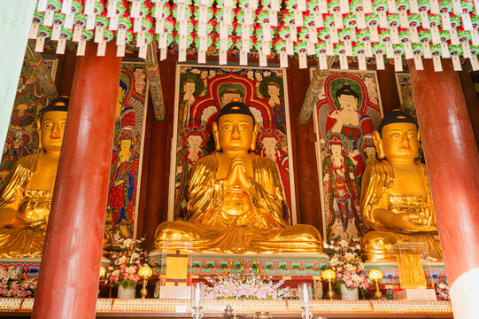 법주사 대웅전 내부의 세 금동불상과 화려한 불교 탱화 (Three golden buddha statues and colorful buddhist paintings inside Beopjusa temple in Korea.)