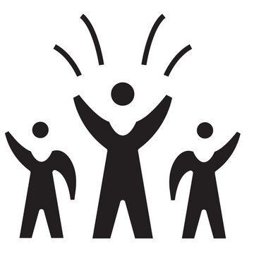 Three black stick figures with raised arms celebrating victory or expressing happiness and excitement.