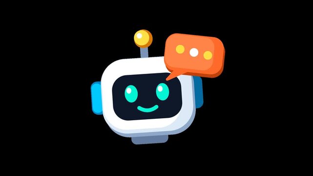 Friendly white chatbot robot with a cyan smile and an orange speech bubble, blinking eyes and talking motion graphic on transparent background