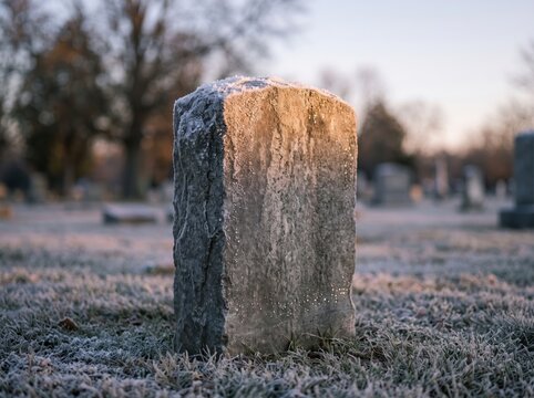 A weathered, frostcovered tombstone stands prominently in a quiet, chilly cemetery during the early morning light of a cold winter day