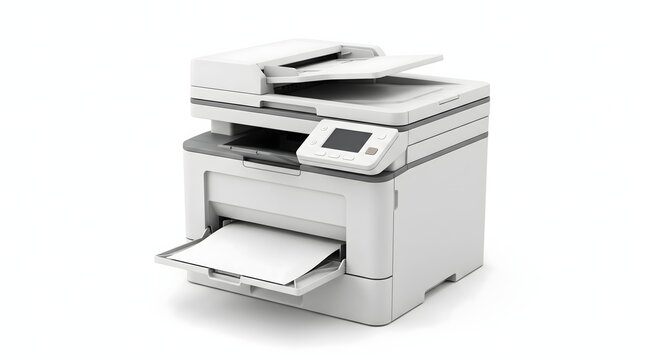 Multifunction laser printer with paper tray for office document work.
