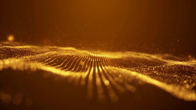 Abstract golden particle wave with glowing dots flowing over a dark amber background, shallow depth of field and floating bokeh dust, luxury technology motion background