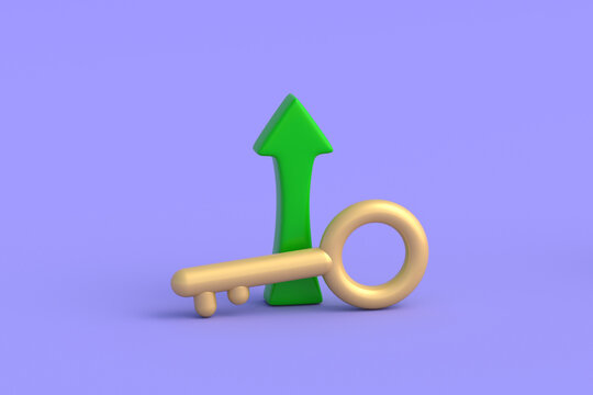 Unlocking financial potential. Real estate value growth. Locking of career achievement. Reaching the pinnacle of success. Property improvement. Key beside upward arrow. 3d render