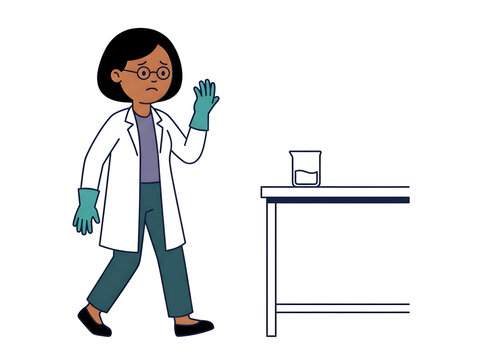 A vector illustration of a sad female scientist wearing a lab coat and green gloves while walking away from a laboratory table during a medical mishap concept