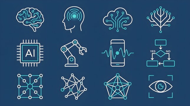 Artificial intelligence and machine learning line icons set featuring AI brain circuit, human head thought waves, cloud data node, microchip processor, robotic arm, voice recognition, algorithm flowch