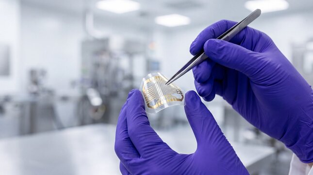 Scientist flexing transparent wearable biosensor microneedle patch