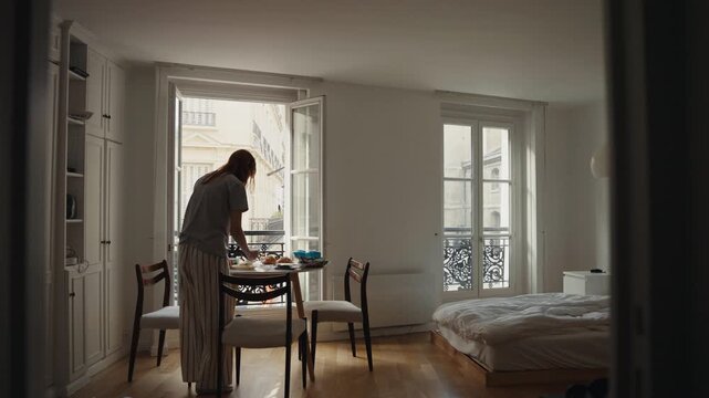 Woman preparing breakfast in a parisian apartment