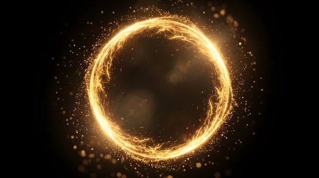 Abstract golden glowing circle ring with sparkling dust and magical energy portal on black background