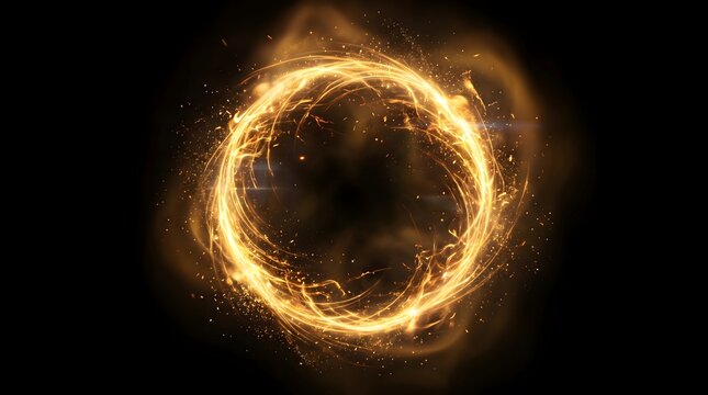 Abstract golden circle energy ring with glowing particles and light trails on black background, magic portal or scifi teleportation effect