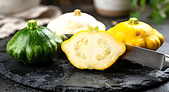Pattypan squash various colors arranged on dark slate board with sharp kitchen knife cutting fresh ripe vegetable harvest close up studio view