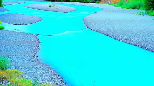 砂利の州を編むように流れる氷河の川 シームレスループ動画背景 16:9 4K