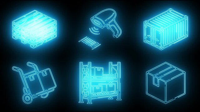 Neon Blue Warehouse Logistics Barcode Scanning and Cargo Transport : wooden pallet, barcode scanner, shipping container, hand truck trolley, storage rack, cardboard box