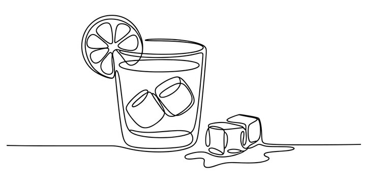 A line art drawing of a glass of lemonade with ice cubes and a slice of lemon garnish